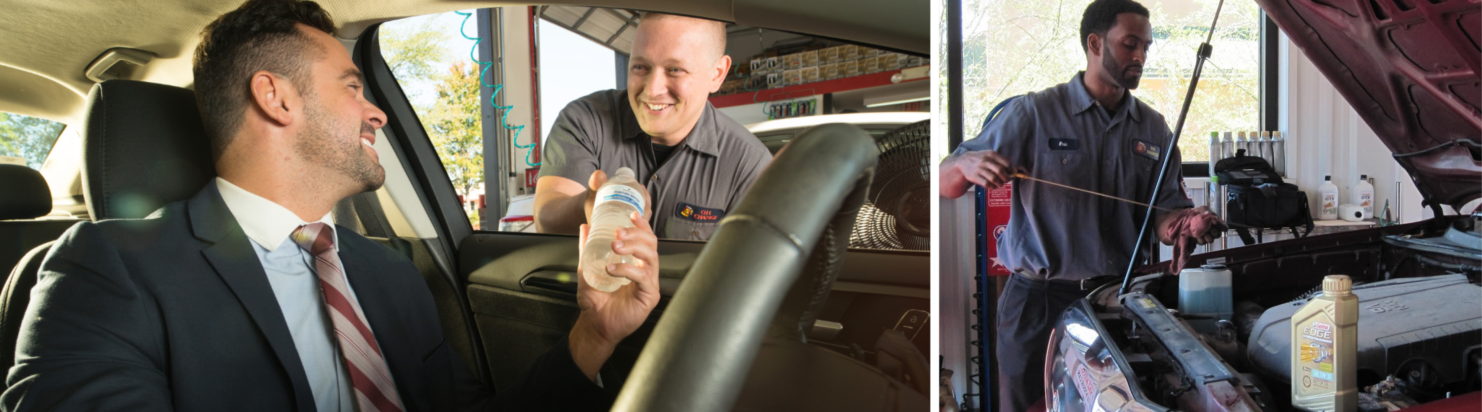 Left, a man accepts a bottled water; Right, a tech checks oil levels