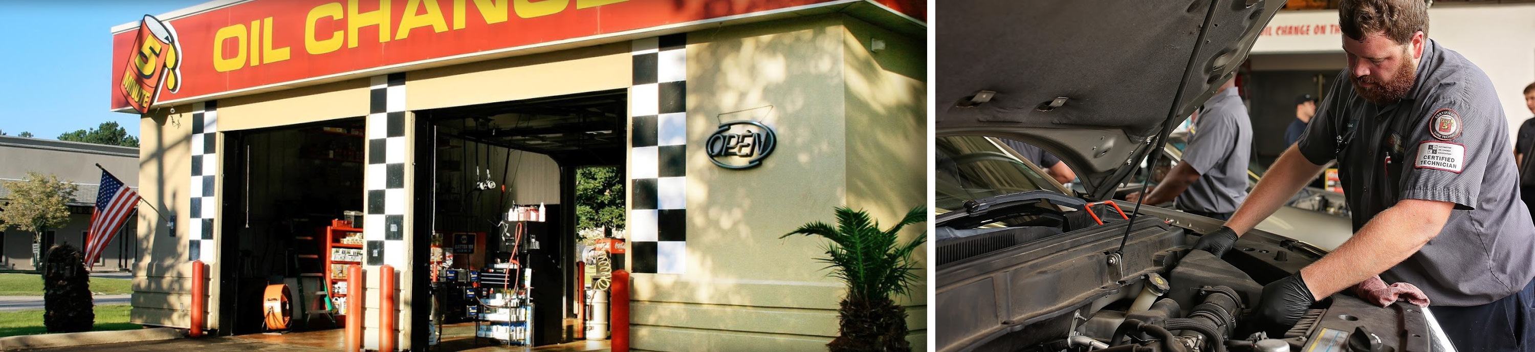 Left: exterior of Take5 location; right: tech changing air filter.